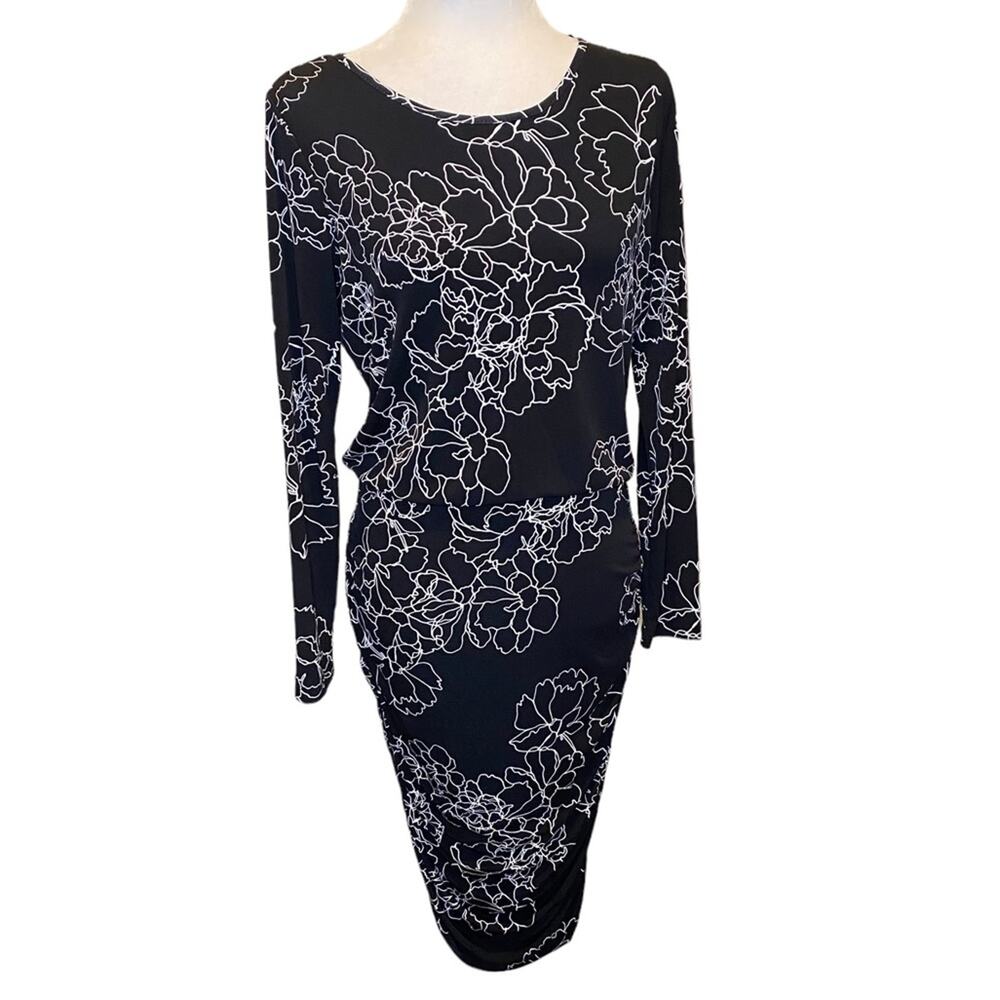 VINCE CAMUTO Black and White Abstract Flower Print Bodycon Ruched Dress Sz S - Picture 1 of 8
